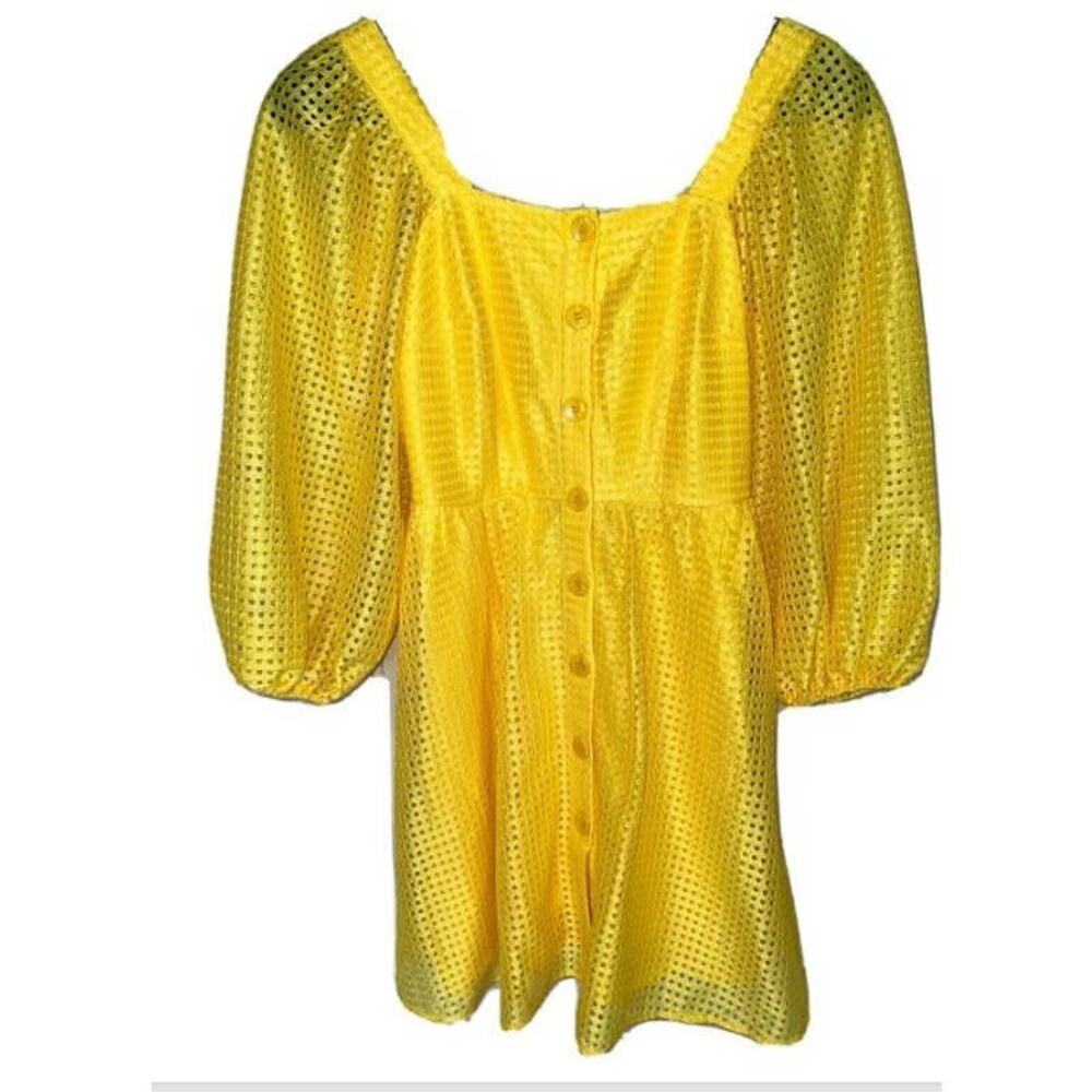Sunshine Yellow Size Large Waffle Knit DRESS Square Neck Balloon Sleeve NEW